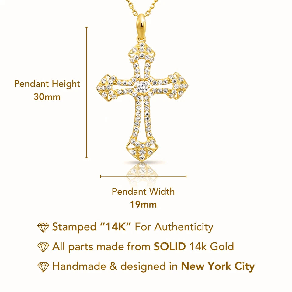 14K Real Solid Yellow Gold Gothic Pave Open Cross CZ Pendant Charm Necklace 18in - Image 2 of 4