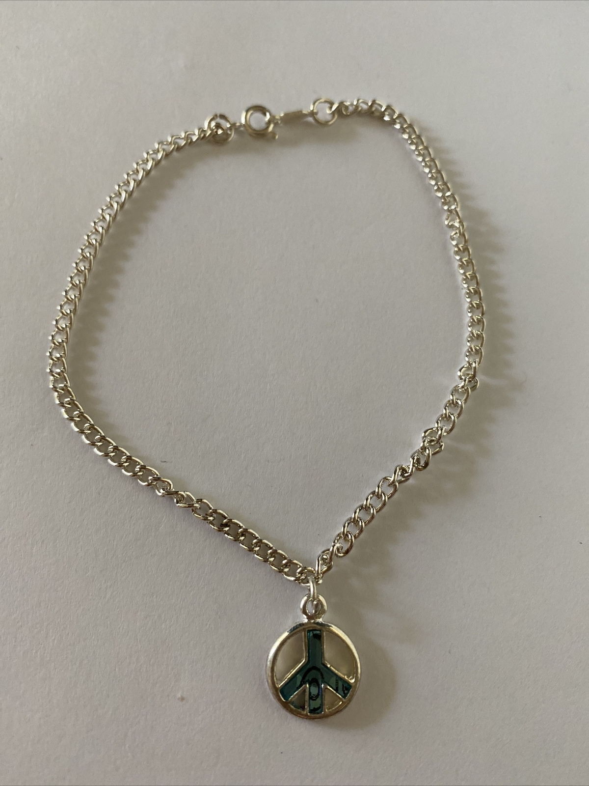 Anklet Silver tone Chain  with peace Sign Charm Blue Silver plate Beach bling-image