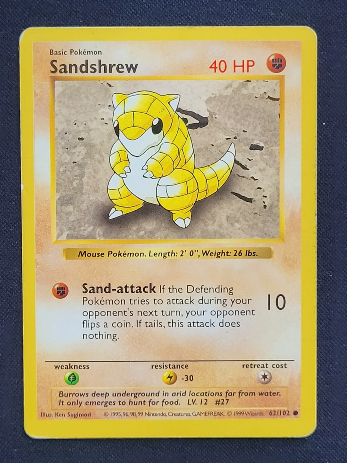 Sandshrew 62/102 1999 Shadowless Base Set MP Pokemon Card