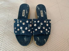 MIU MIU Blue Denim CRYSTAL JEWELED Jute PLATFORM ESPADRILLES SANDALS ITALY 37.5