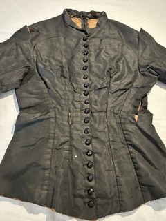 1880s Black Silk Bodice Jacket Glass Faceted Buttons Internal Vest Stamped 45⁸