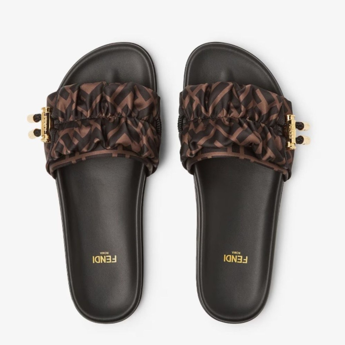 Fendi Feel Brown Satin Zucca FF Motif Logo Slip On Slide Sandals