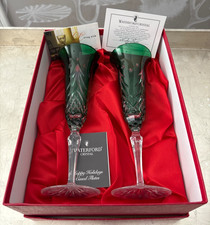 Waterford Happy Holidays Green Cased Champagne Flutes Signed Nicky Power 2001