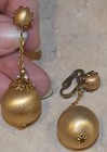 Vintage Dull Satin Goldtone Metal Ball Rhinestone Chain Dangle Clip Earrings — photo 1