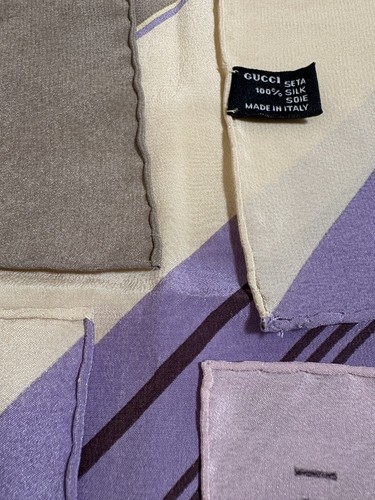 GUCCI Silk Scarf 34" Beige Purple Navy Diagonal Stripe Geometric Square Italy - Picture 13 of 21