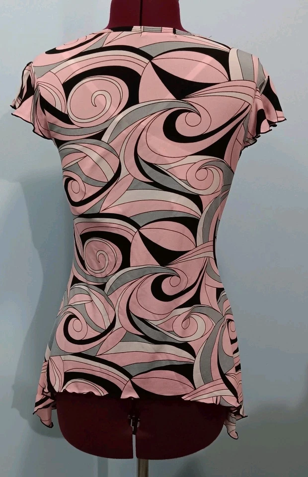 Y2K Micro Mesh Pink And Black Flutter Sleeve Babydoll Top Asymmetrical Hem Sz S - Image 4 of 4