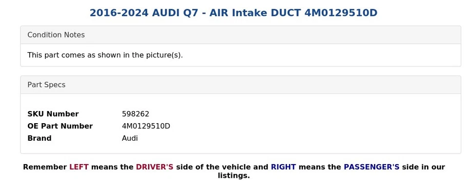 2016-2024 AUDI Q7 - AIR Intake DUCT 4M0129510D - Image 4 of 4