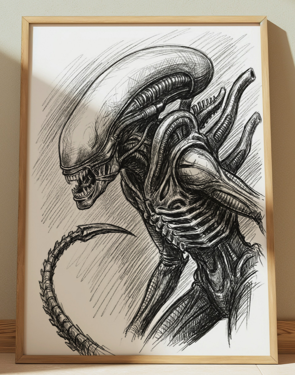 ALIEN ROMULUS XENOMORPH DRAWING PRINT PORTRAIT SKETCH 8" x 10" HORROR MOVIE ART