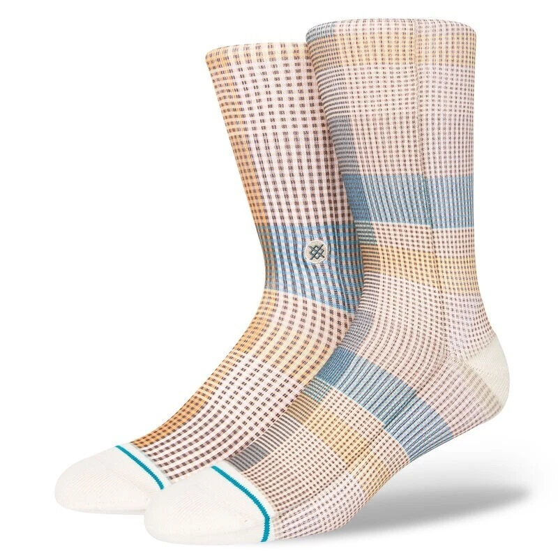 Stance Men Teal Crew Polyester Cushion Grid Plaid Tartan Casual Socks Sz M 6-8.5