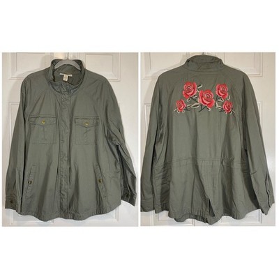 Style & Co. 100% Cotton Rose Embroidery Green Full Zip Up Jacket Size 3X Womens