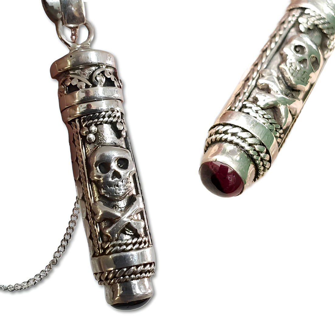 Skull Crossbones Garnet Pendant Locket Vial Necklace 925 Silver Jewellery Boxed