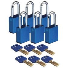 BRADY ALU-BLU-38ST-KD6PK Lockout Padlock,Alum.,Bl,Different,PK6 55JY44