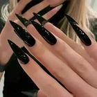 False Press-on Nails Extra Long Stiletto Black Gloss 24pcs + Nail Tabs Bn295 | E