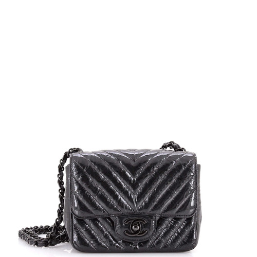 Chanel So Black Square Classic Single Flap Bag Chevron Crumpled Metallic Patent
