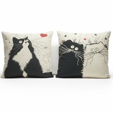 Cat Pillow Covers Set of 2 Whimsical Cartoon Cats Black  Beige Accent Decor 17"