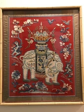 Antique Red Silk Chinese Hand Stitched  Embroidery Tapestry Panel Wall Art