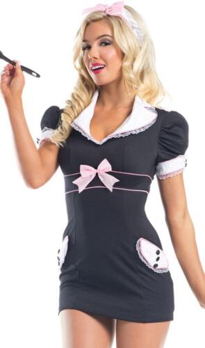 Maid Costume Dress Lace Trim Faux Pockets Satin Bow Hat Duster BW1547 S/M - Afbeelding 1 van 4