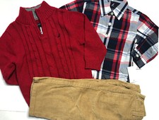 NWT NAUTICA Boy Red Sweater/PLAID Shirt/ Tan CORDUROY Pants OUTFIT SZ 6-12M 70