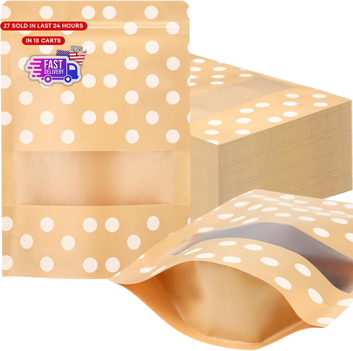 240 Pcs Kraft Bags with Window Bulk Kraft Stand up Reusable Paper Bags Food Stor