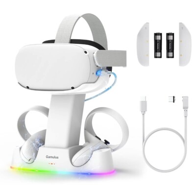 Gamulus 2 in 1 RGB Charging Dock & Stand Base for Meta Quest 2, VR Headset & Con
