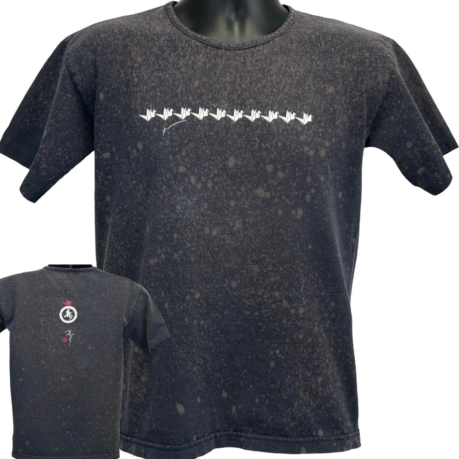 Vintage 90s Japanese Origami Crane Orizuru T-Shirt Mens Medium Black