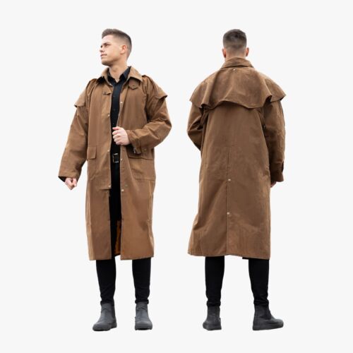 Unisex Waterproof Oilskin Duster Australian Drover Coat Oil Cloth Free Shipping - Picture 1 of 17