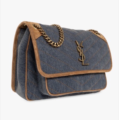 YSL NIKI MEDIUM CHAIN BAG IN BLUE DENIM WITH SUEDE CORNERS. ITEM
