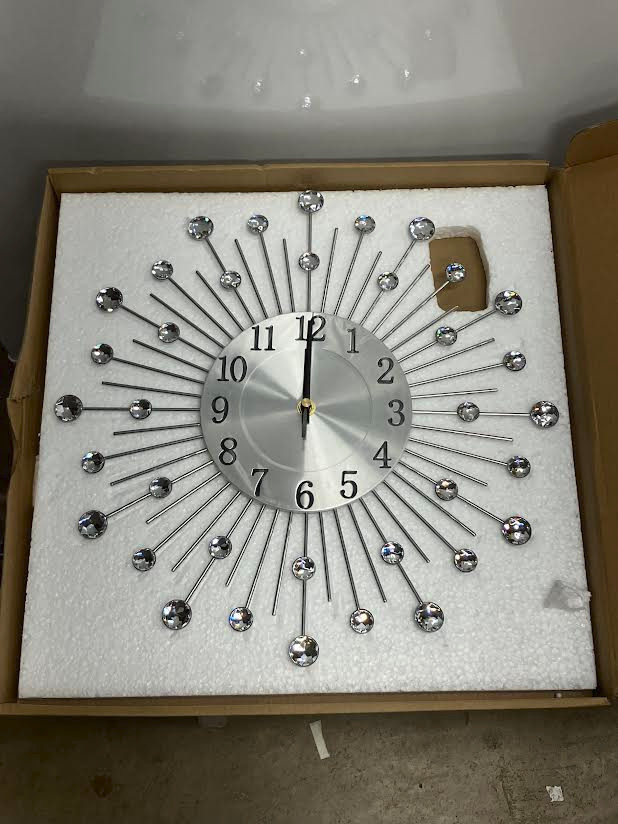 Silver Metal Round Sunburst Design Wall Clock Clear Acrylic Bead Retro New