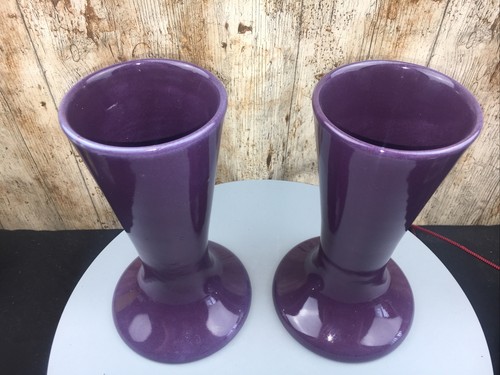 Pair 9” Lovatts Langley Ware England Stoneware Glossy Modernist Purple Vases 20s - Picture 2 of 6