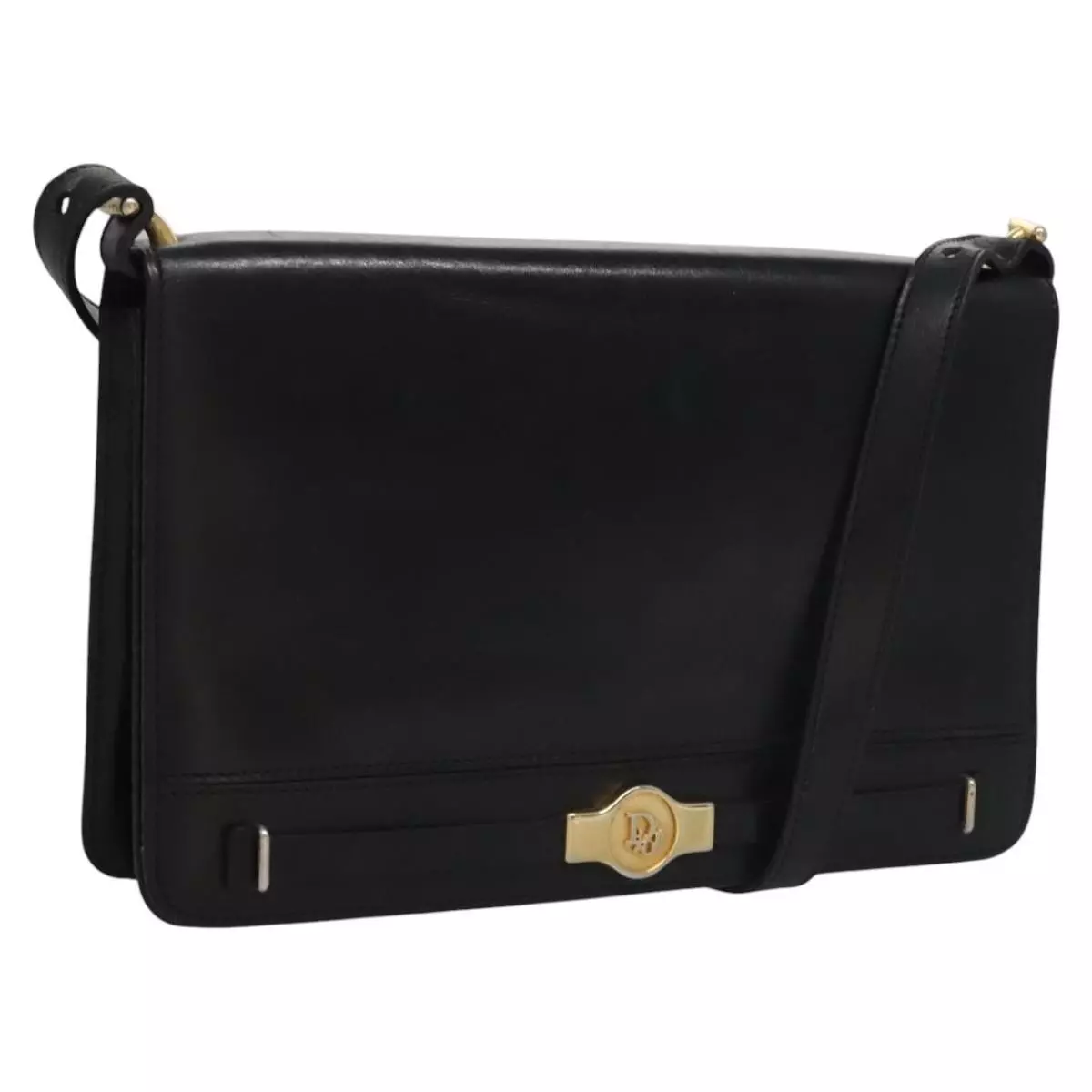 Sac bandoulière Christian Dior cuir noir or authentique 114754