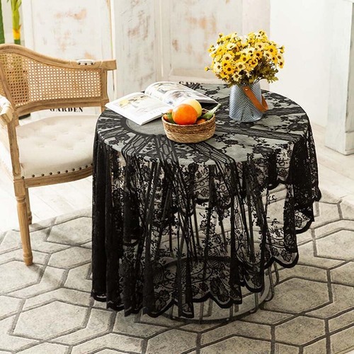59inch Black Vintage Embroidered Lace Flower Tablecloth Doily Round Table Topper - Picture 4 of 6