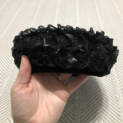 Black Muffin Hat Woven Style Black Velvet Bow Union Made Vintage Black Muffin Hat Woven Style Black Velvet Bow Union Made  main image 2