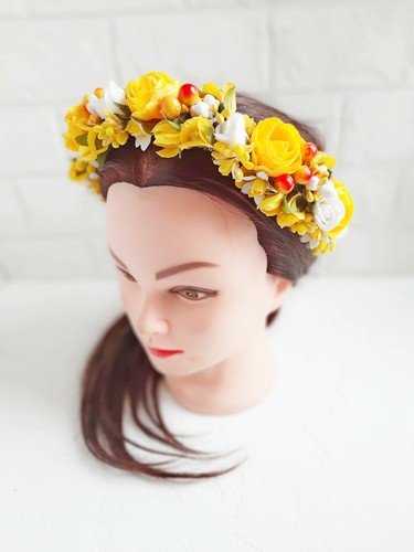 Ukrainian Yellow Wreath Flower Hoop without ribbons Headdress Head Crown Vinok - Picture 8 of 10