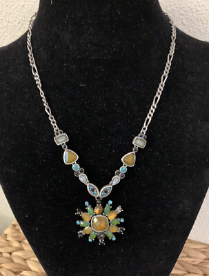 Vintage Necklace DB boho 10  Green Gold Pewter