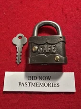 "SAFE" LOCK co. CAST IRON WARDED PADLOCK w/ KEY, OLD VINTAGE LOCK, ANTIQUE LOCKS