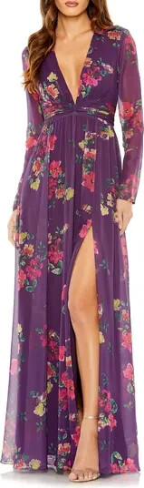 MAC DUGGAL 立体フローラルフェミニンドレス紫 Purple Ruffle Tiered Floral Chiffon Midi Dress | Mac Duggal