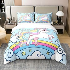 Cartoon Unicorn 100 Cotton Duvet Cover Twin Colorful Rainbow Animal Dreamy D...