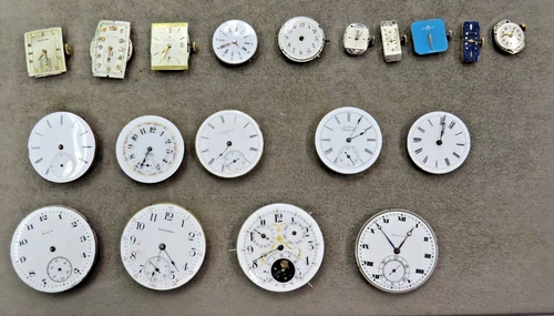 ANTIQUE POCKET WATCH & WATCH MOVEMENTS, HAMILTON, ELGIN, WALTHAM,