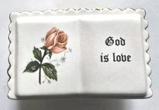 Vtg GOD IS LOVE Toothpick Holder Pink Rose Ceramic Gold Trim 3.25" x 2" Nice 