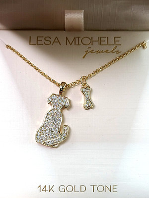 Lesa Michele Jewelry 14k Gold Tone Pave Dog & Bone Necklace 18''