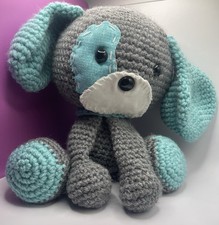 Handmade Crochet Stuffed Dog Plush Toy Gray Blue Medium 14-24 in