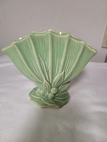 Vintage McCoy USA Pottery Mint Green Glaze Flower Leaves and Berries Fan Vase
