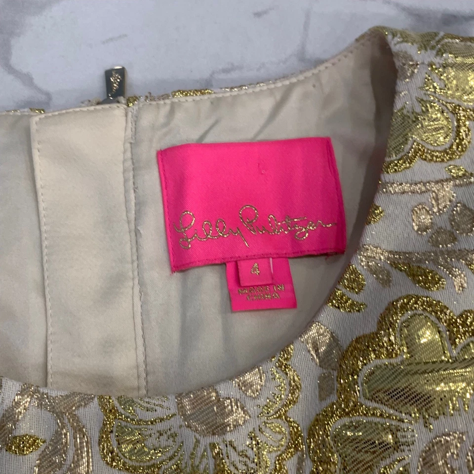 Lilly Pulitzer Dress Sz 4 Blooming Floral Brocade Gold metallic Pockets lined - Image 3 of 4