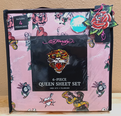 Ed Hardy Pink 6pc Queen Sheet Set Panthers,Snakes,Roses Print w/4