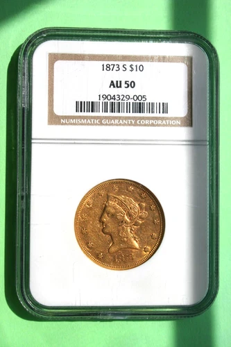 An 1873 s $10 Liberty Eagle Gold Coin. NGC Certified AU-50