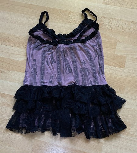 LIP SERVICE TOP NEGRO VIOLETA CON ENCAJE VOLANTES FALDA BARROCA SEÑORA ESTAMPADO RARO S - Imagen 3 de 4
