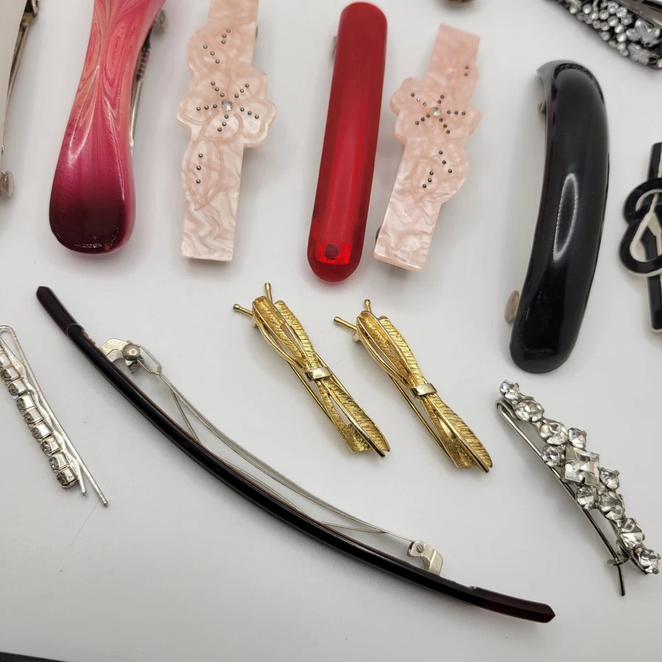 Винтажная заколка лот из 17 заколок зажимы искусственная черепаха акрил красный розовый Франция  - Изображение 2 из 4