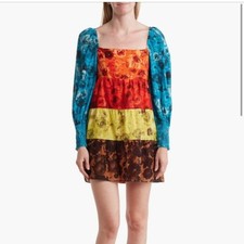 New Alice + Olivia Rowen Floral Long Sleeve Tiered Cotton Mini Dress Small Boho