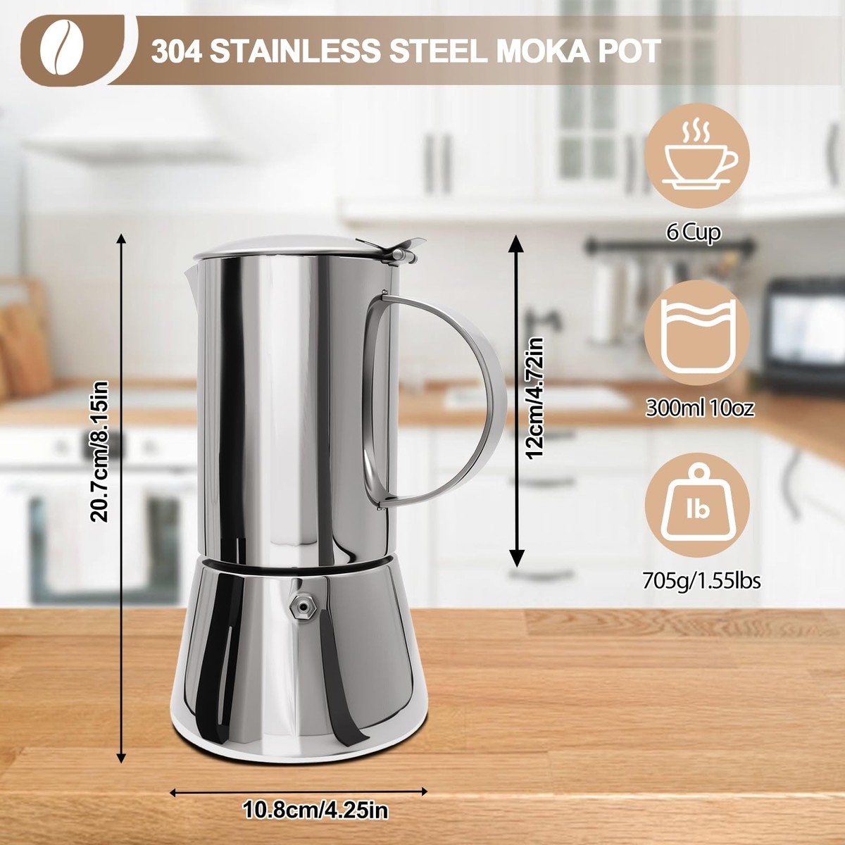 Stainless Steel Moka Pot 6 Cup 300ml Stovetop Espresso Maker