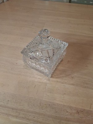 Vintage Cut Crystal Sugar Bowl Square Pattern w Lid & Glass Spoon